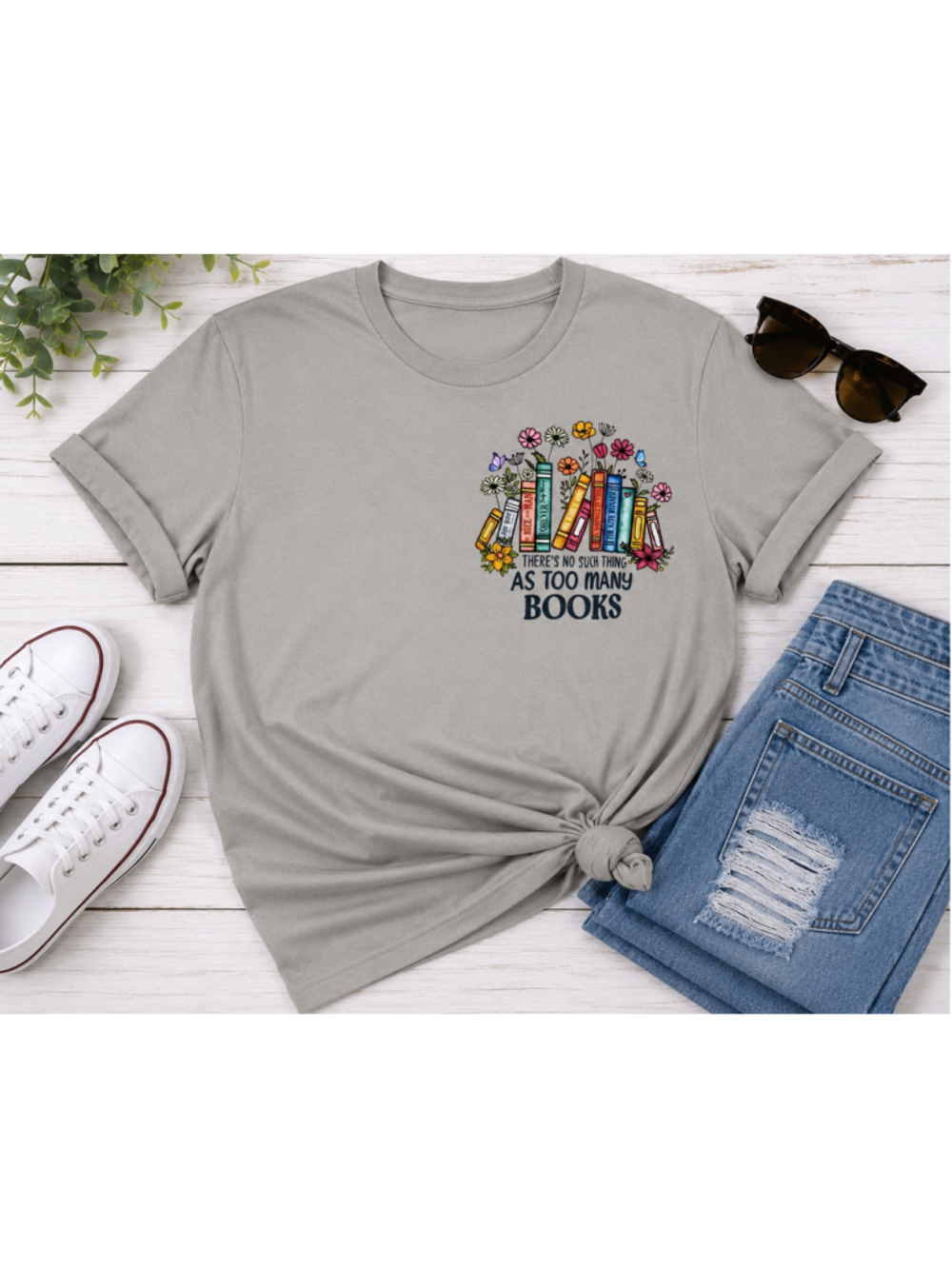 New Causal Floral Books Tan Graphic Tee Shirt Large